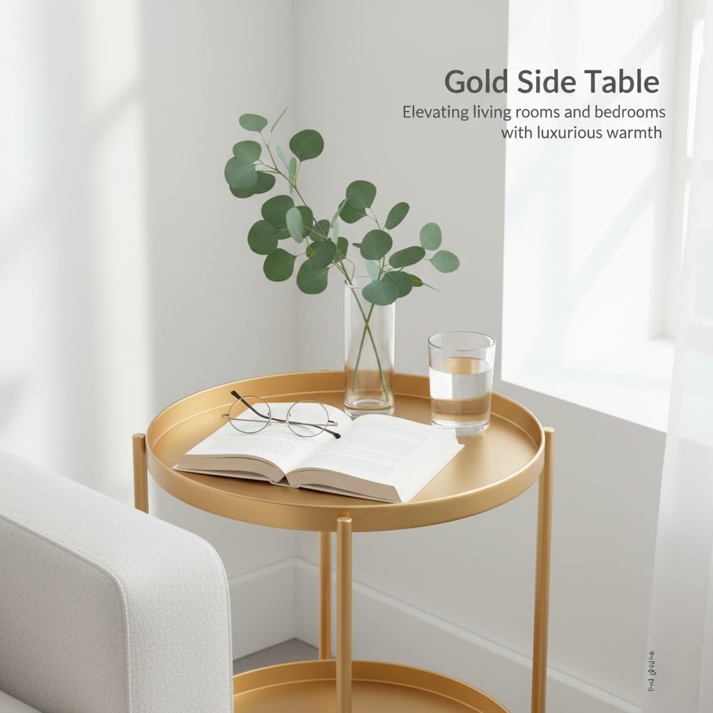 Folding 2-Tier Round Side Table – Removable Tray Nightstand