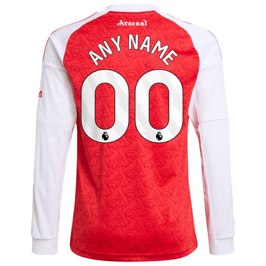 Arsenal adidas Youth 2025/26 Home Replica Long Sleeve Custom Jersey - Red