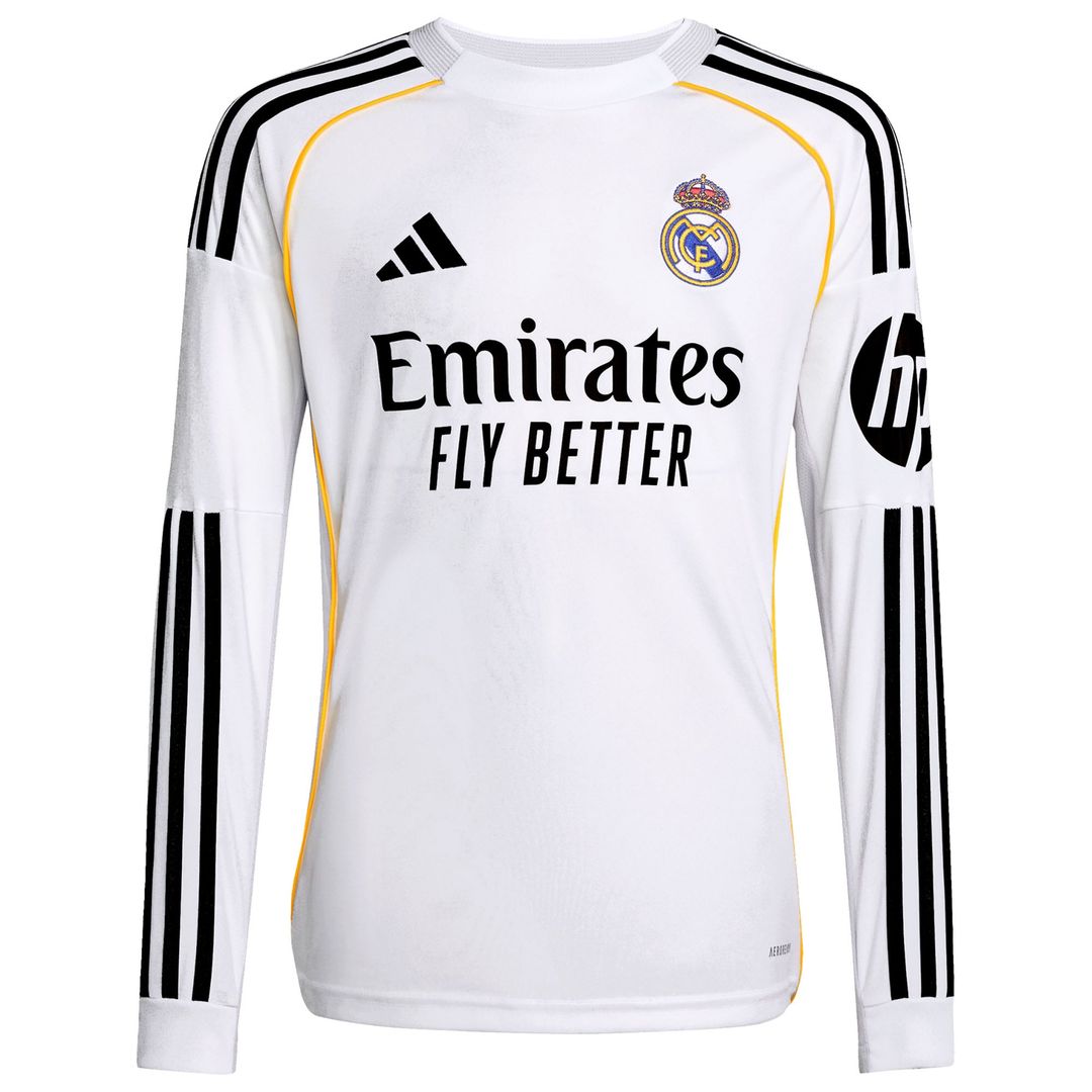 Vini Jr. Real Madrid adidas Youth 2025/26 Home Replica Long Sleeve Jersey - White