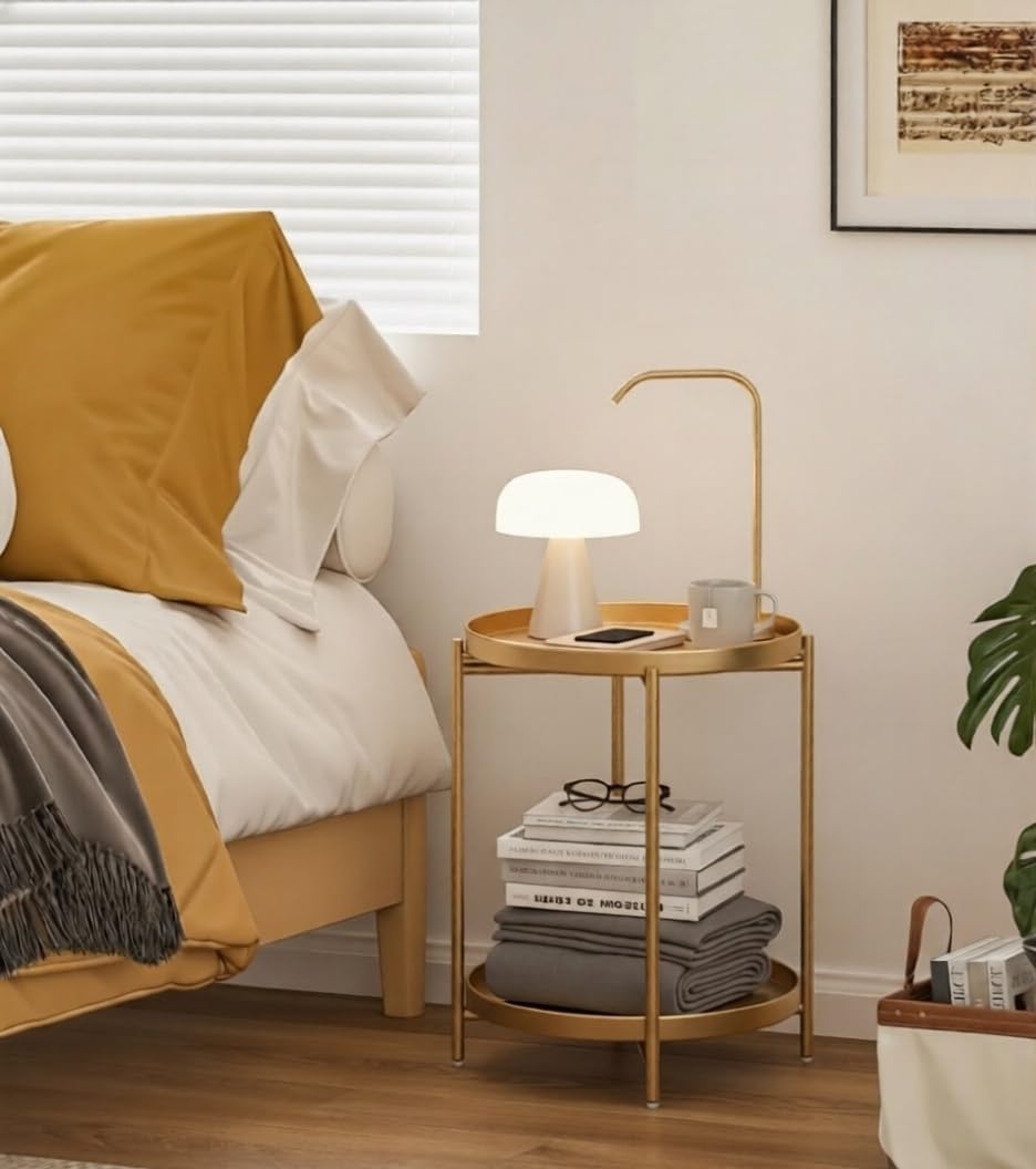 Folding 2-Tier Round Side Table – Removable Tray Nightstand