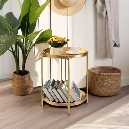 Folding 2-Tier Round Side Table – Removable Tray Nightstand