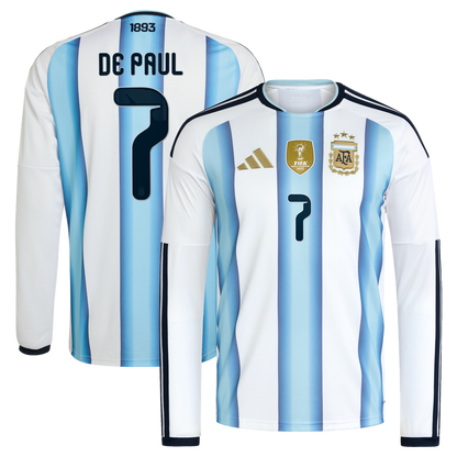 Rodrigo De Paul Argentina National Team adidas 2026 Home Replica Long Sleeve Jersey - White