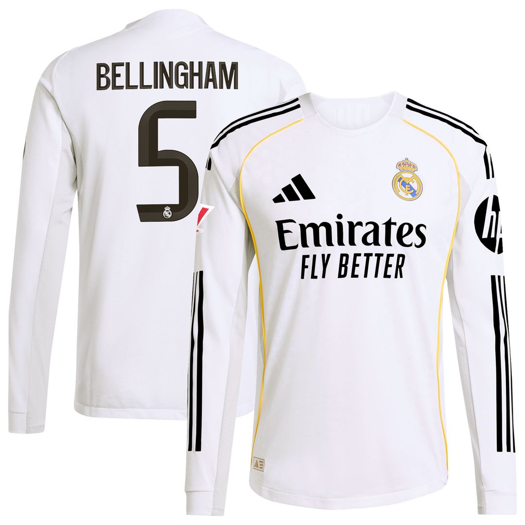 Jude Bellingham Real Madrid adidas 2025/26 Home Authentic Long Sleeve Jersey - White