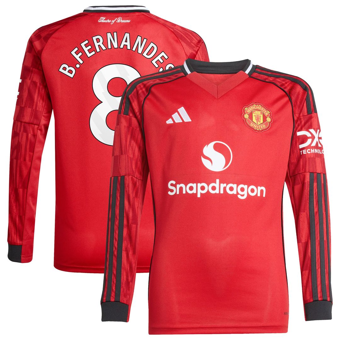 Bruno Fernandes Manchester United adidas Youth Home 2025/26 Replica Player Long Sleeve Jersey - Red