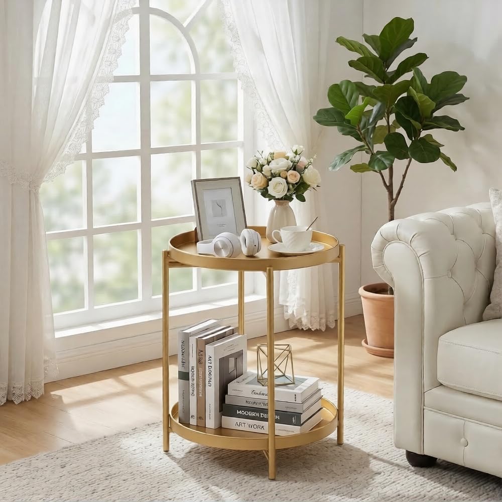 Folding 2-Tier Round Side Table – Removable Tray Nightstand
