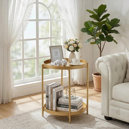 Folding 2-Tier Round Side Table – Removable Tray Nightstand