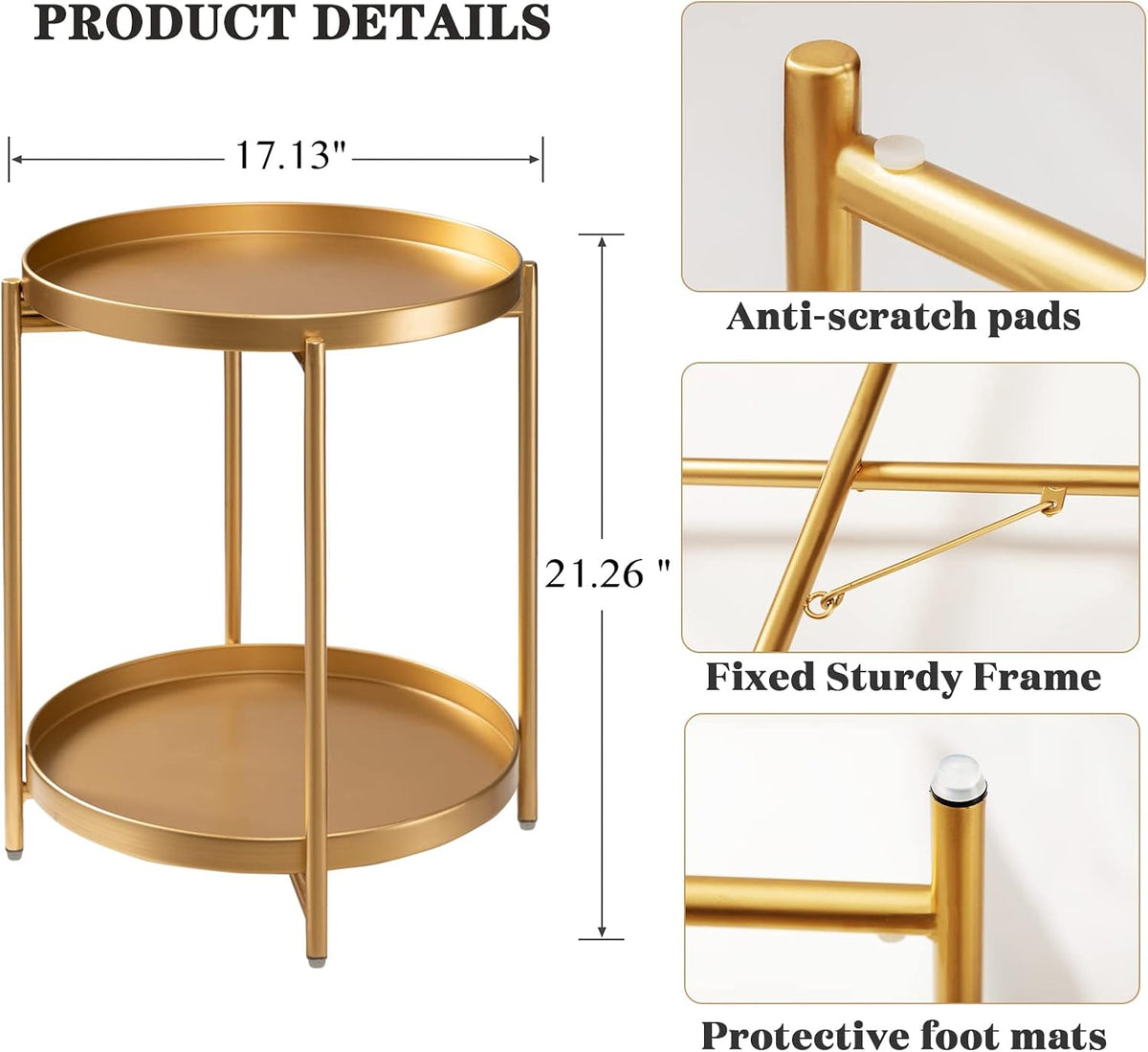 Folding 2-Tier Round Side Table – Removable Tray Nightstand