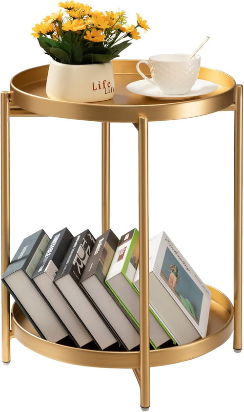 Folding 2-Tier Round Side Table – Removable Tray Nightstand