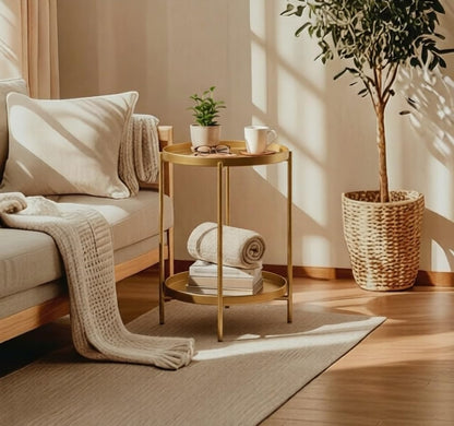 Folding 2-Tier Round Side Table – Removable Tray Nightstand