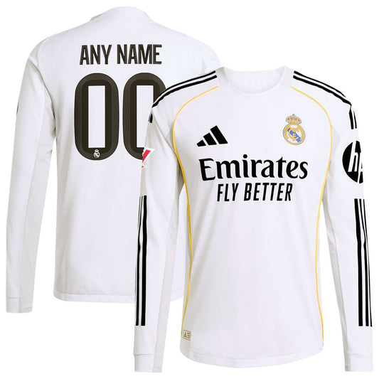 Real Madrid adidas 2025/26 Home Authentic Long Sleeve Custom Jersey - White