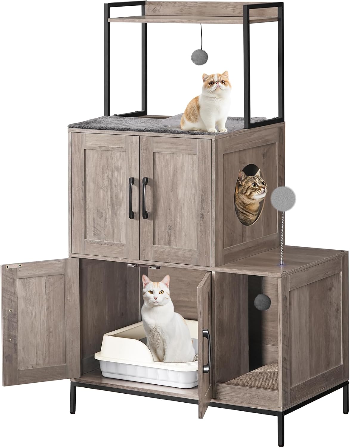 2-Tier Cat Litter Box Enclosure – Multi-Functional Cat House & Storage Cabinet