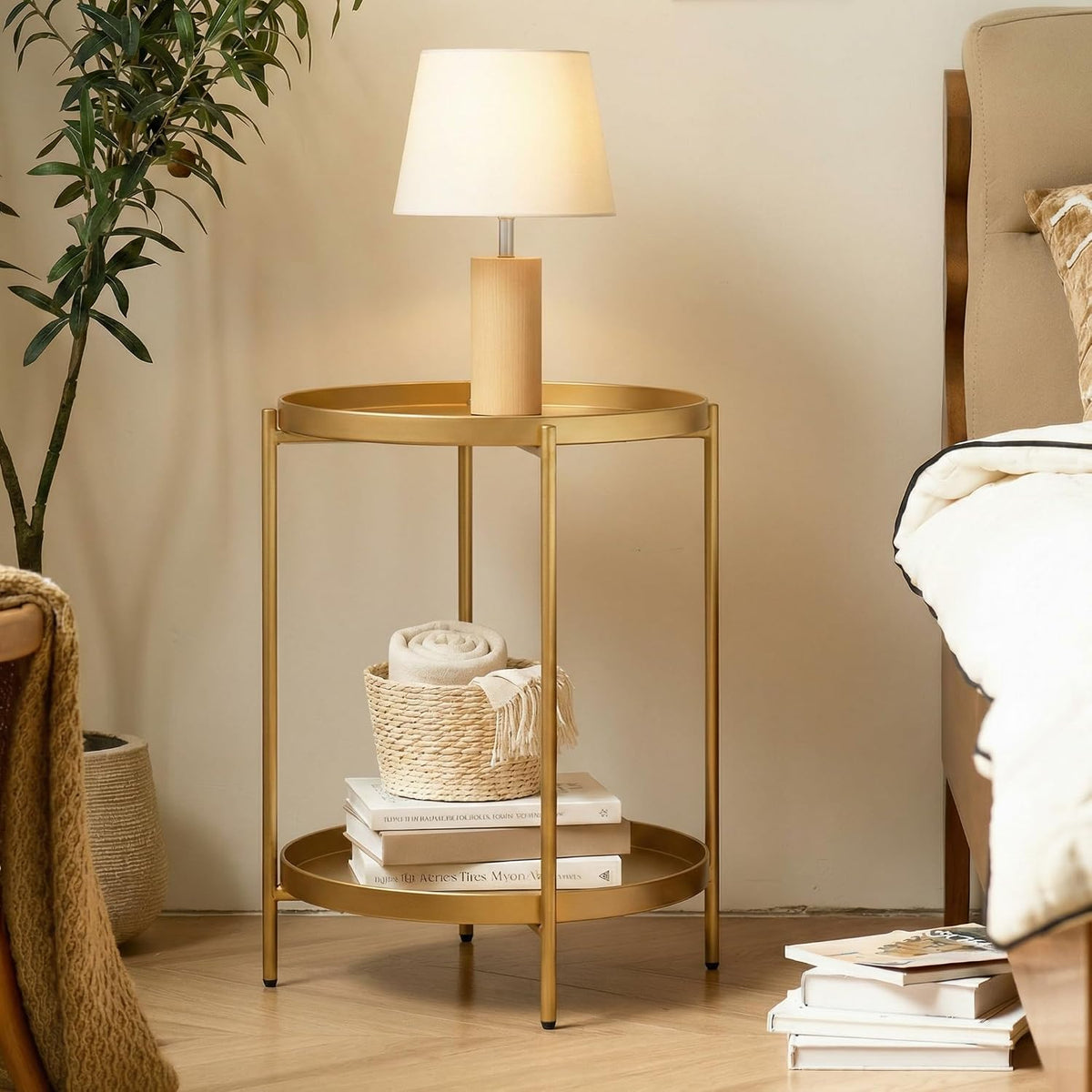 Folding 2-Tier Round Side Table – Removable Tray Nightstand