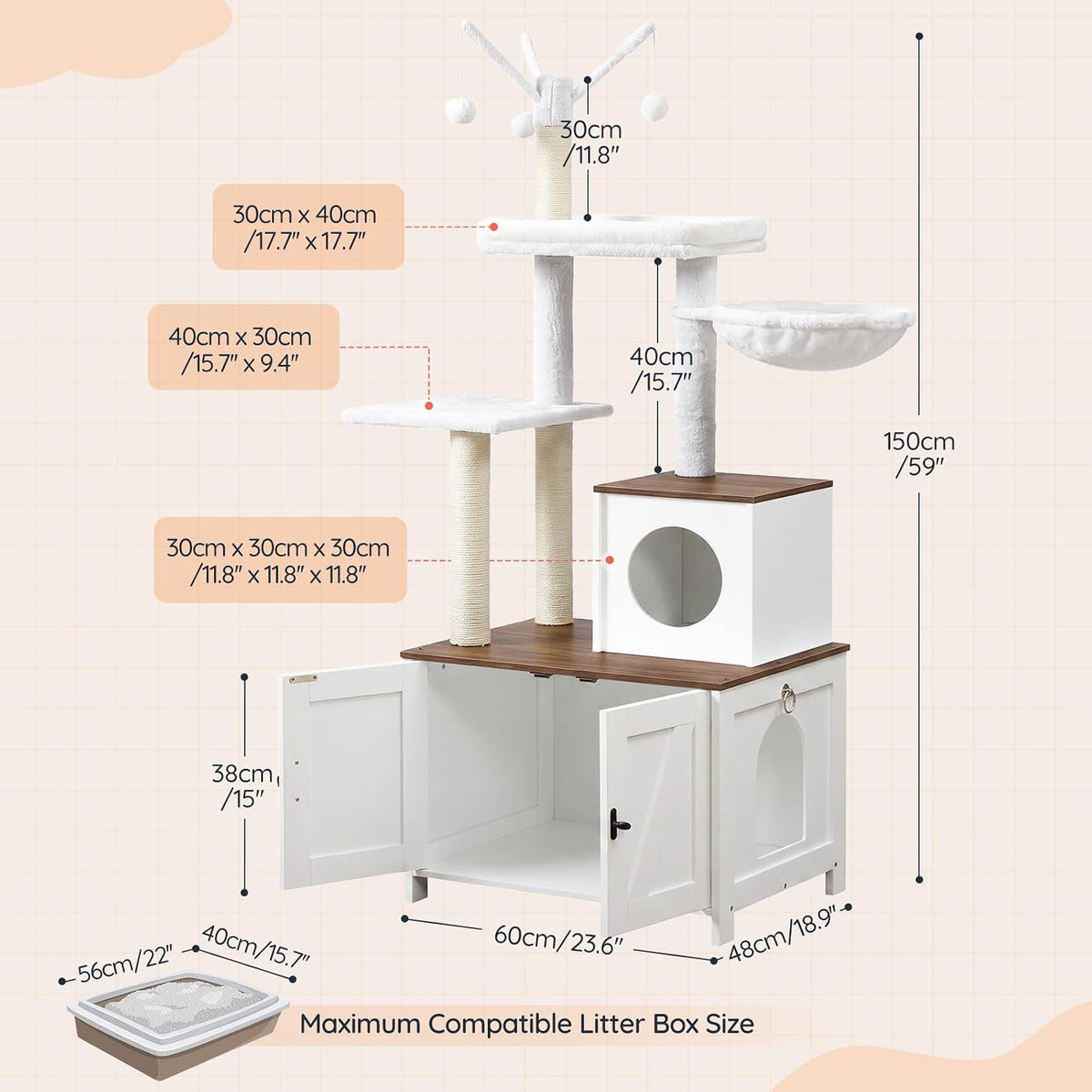 Multi-Level Cat Tree with Hidden Litter Box Cabinet – Cozy Pet Furniture