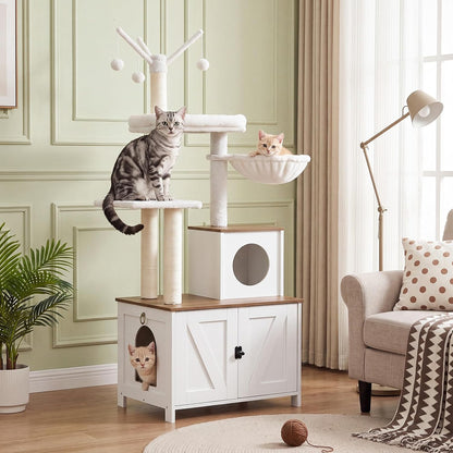 Multi-Level Cat Tree with Hidden Litter Box Cabinet – Cozy Pet Furniture