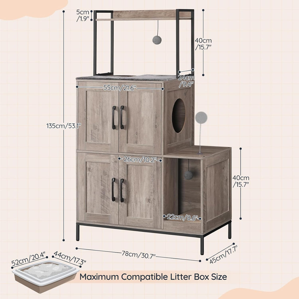 2-Tier Cat Litter Box Enclosure – Multi-Functional Cat House & Storage Cabinet