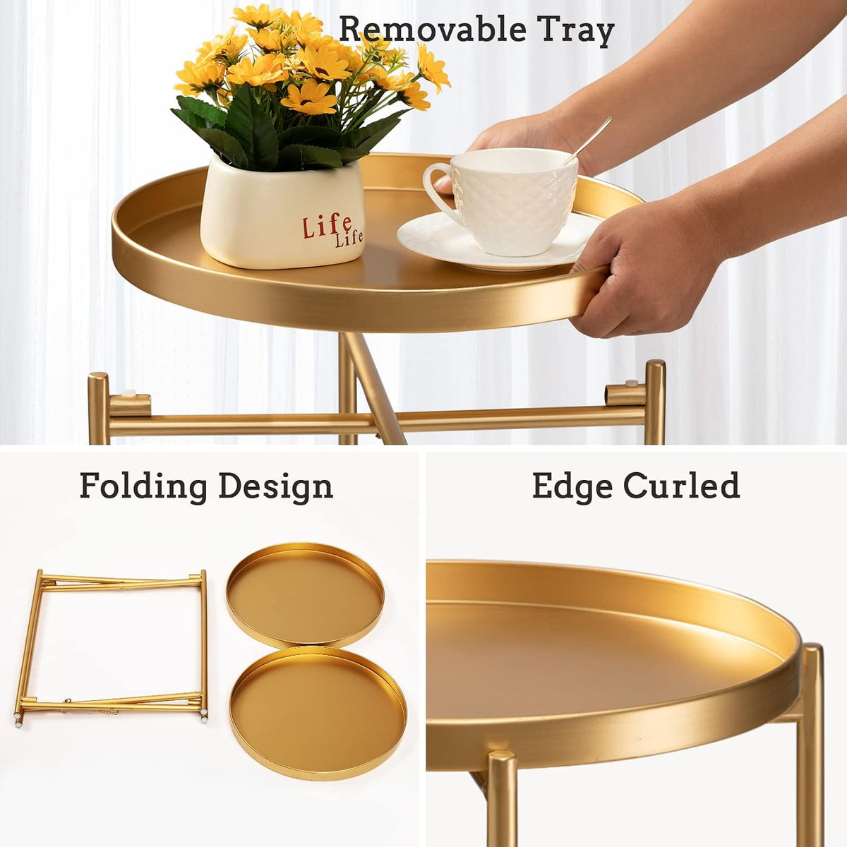 Folding 2-Tier Round Side Table – Removable Tray Nightstand