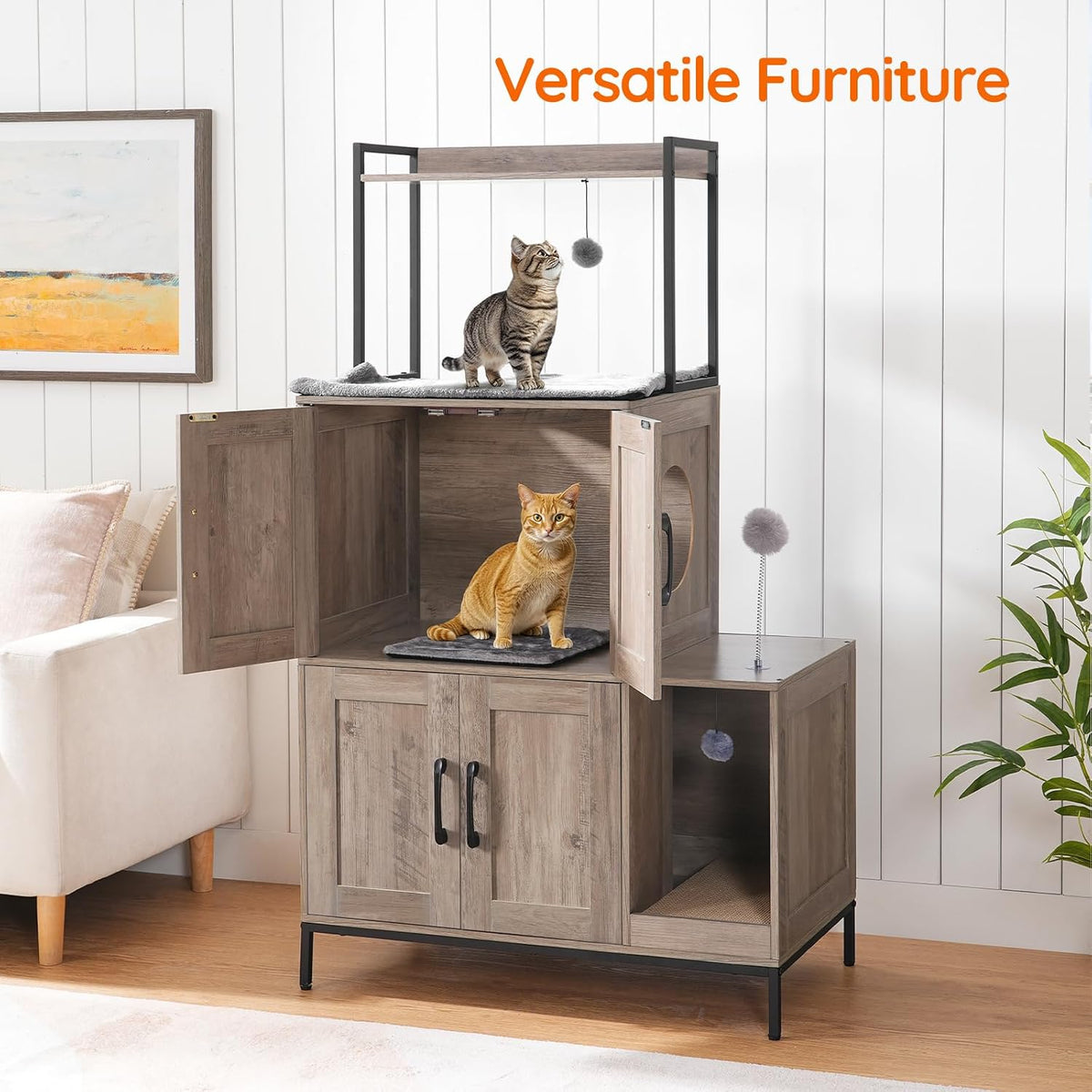 2-Tier Cat Litter Box Enclosure – Multi-Functional Cat House & Storage Cabinet