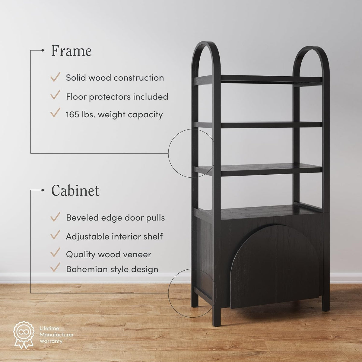 Arched 3-Tier Bookshelf with Storage Cabinet – Boho Home Organizer