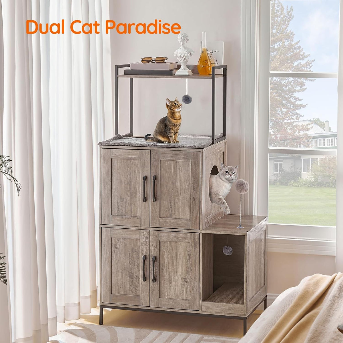2-Tier Cat Litter Box Enclosure – Multi-Functional Cat House & Storage Cabinet