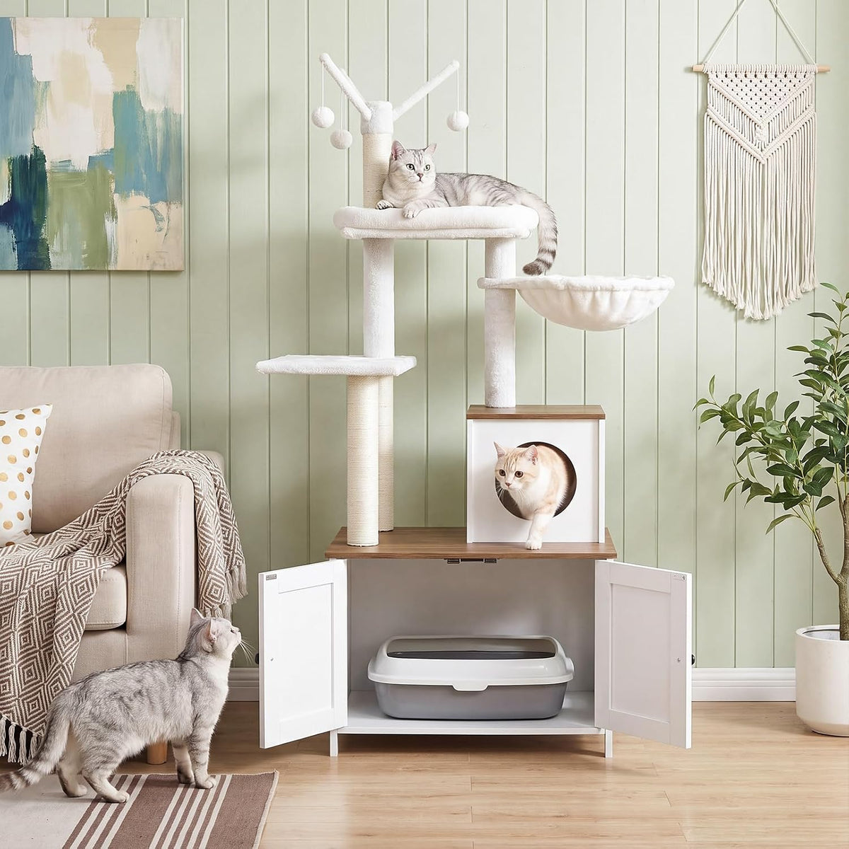 Multi-Level Cat Tree with Hidden Litter Box Cabinet – Cozy Pet Furniture