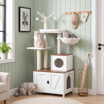 Multi-Level Cat Tree with Hidden Litter Box Cabinet – Cozy Pet Furniture