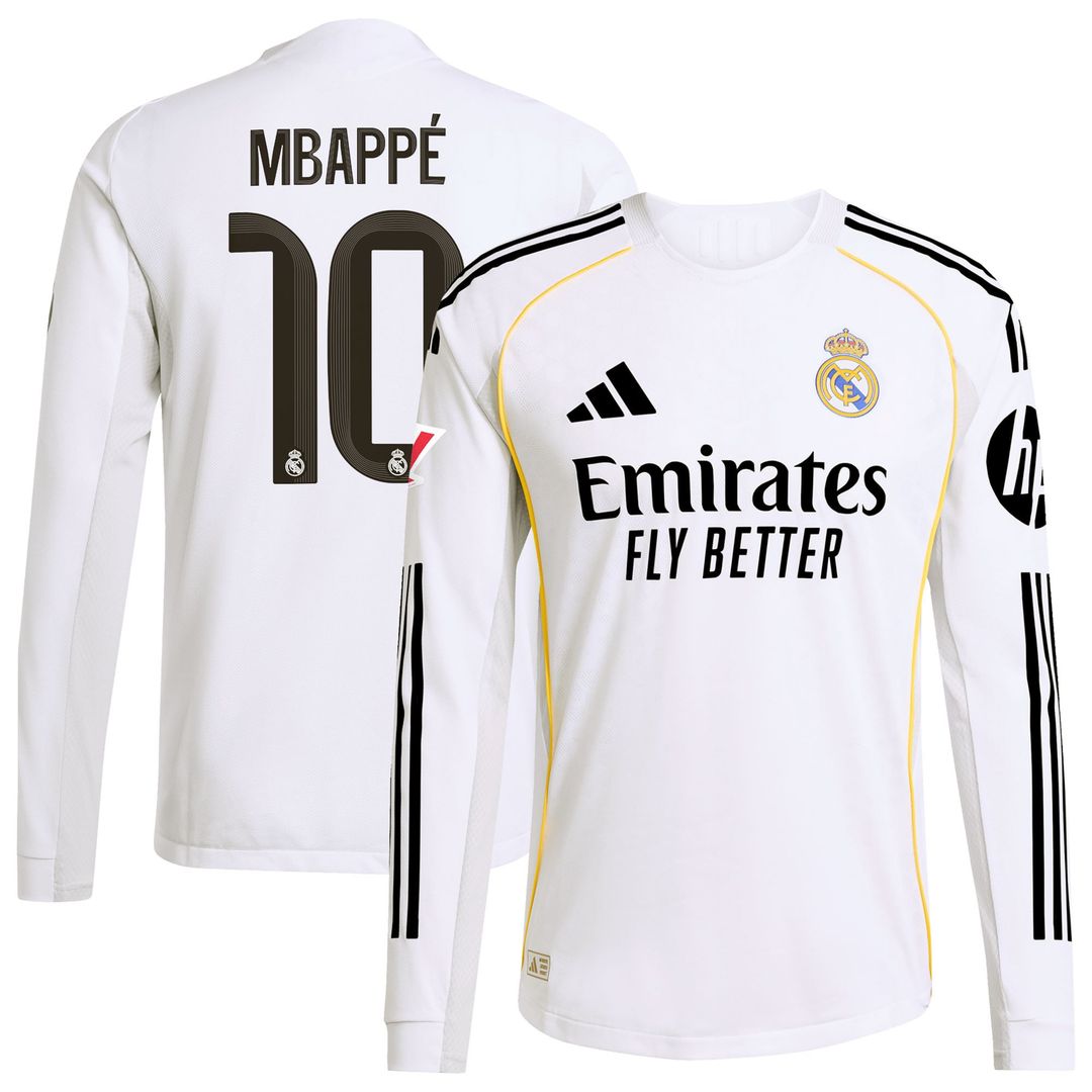 Kylian Mbappé Real Madrid adidas 2025/26 Home Authentic Long Sleeve Player Jersey - White