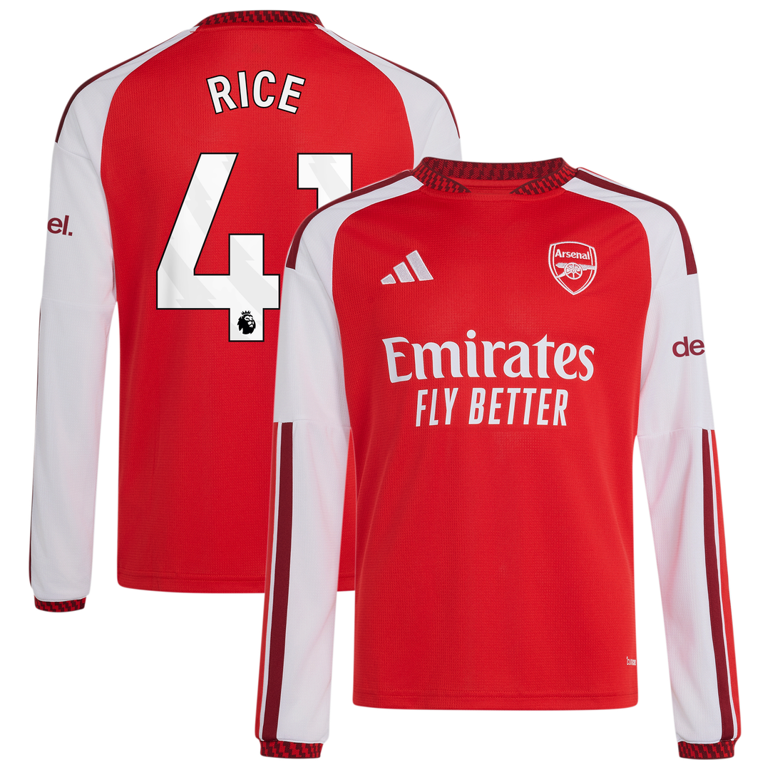 Declan Rice Arsenal adidas Youth 2026/27 Home Replica Long Sleeve Jersey - Red