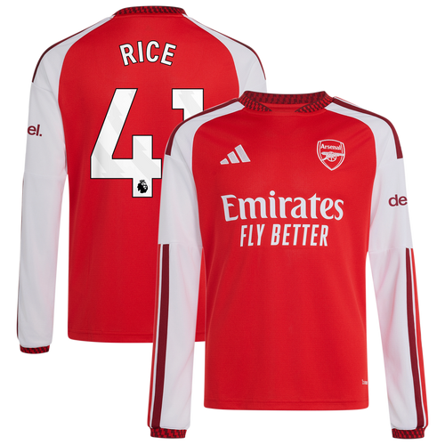 Declan Rice Arsenal adidas Youth 2026/27 Home Replica Long Sleeve Jersey - Red