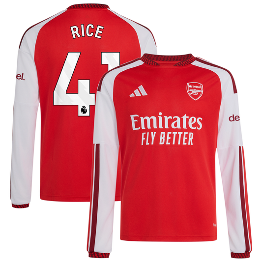 Declan Rice Arsenal adidas Youth 2026/27 Home Replica Long Sleeve Jersey - Red