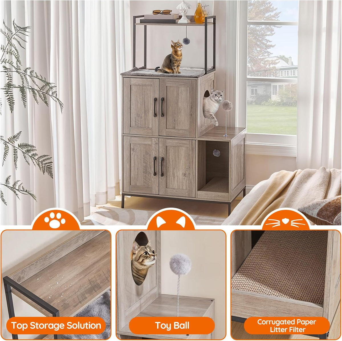 2-Tier Cat Litter Box Enclosure – Multi-Functional Cat House & Storage Cabinet