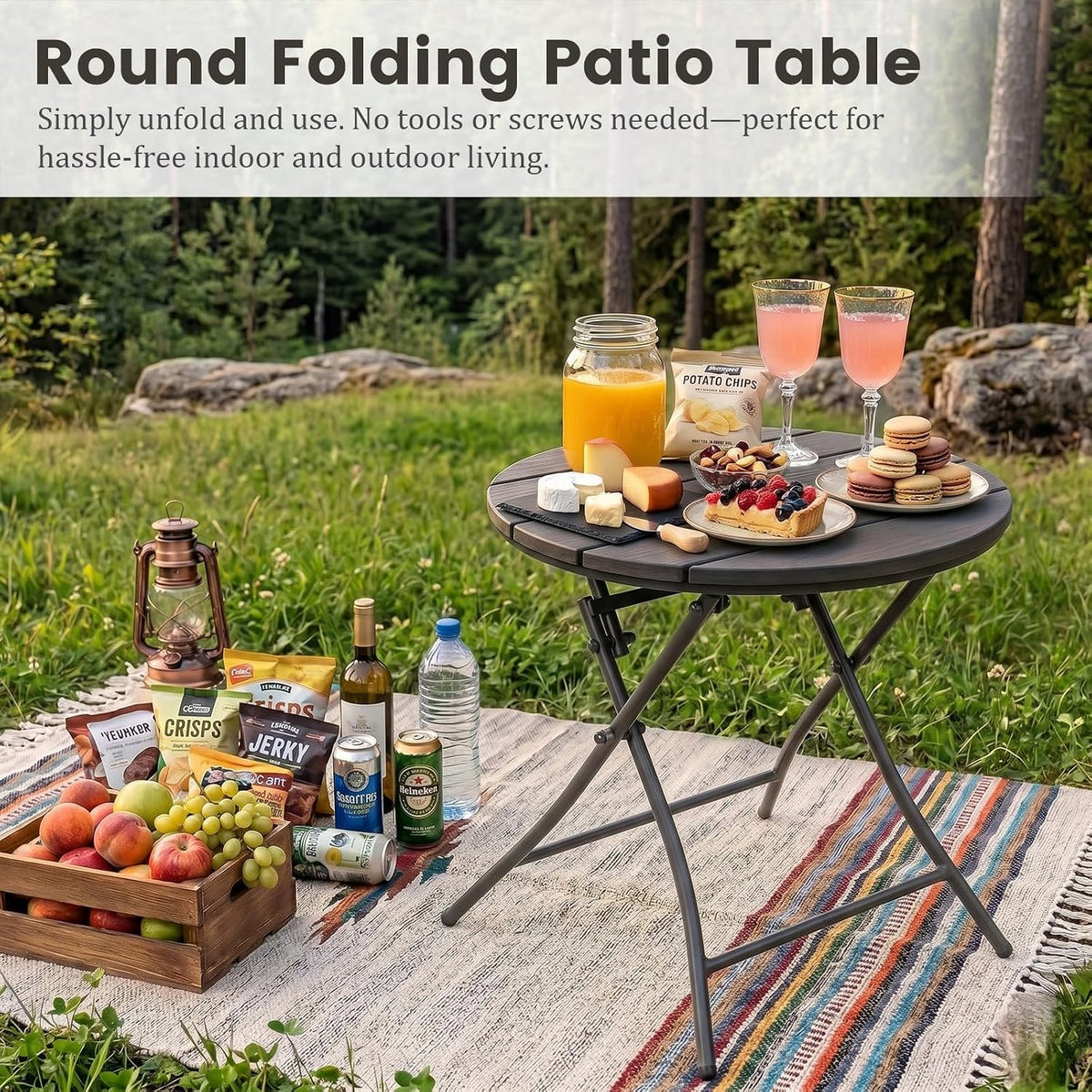 Folding Outdoor Side Table – Round Patio Accent Table