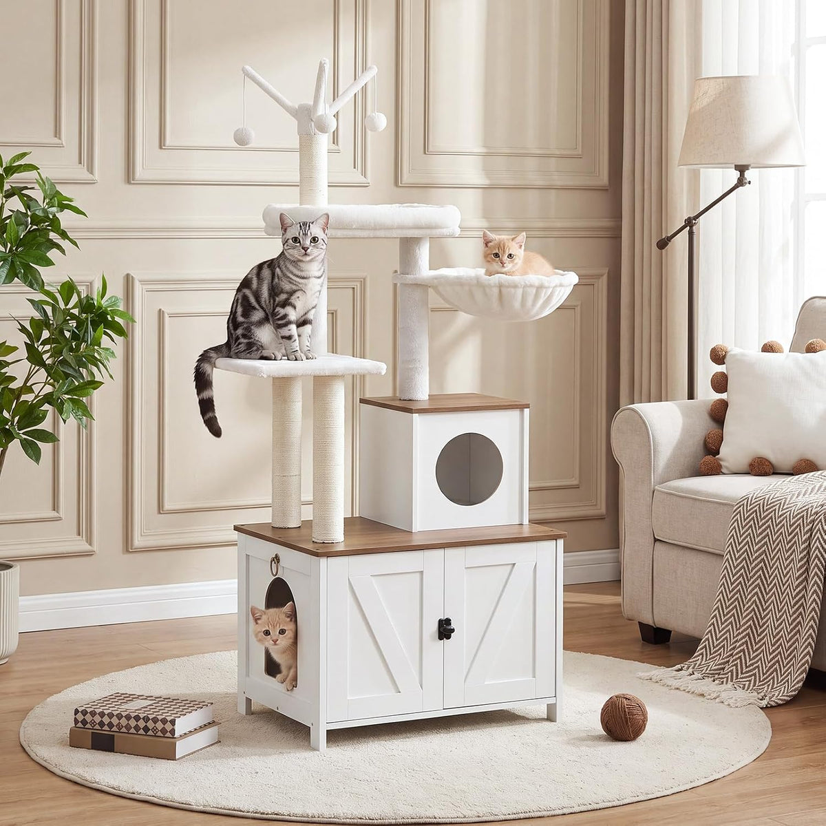 Multi-Level Cat Tree with Hidden Litter Box Cabinet – Cozy Pet Furniture