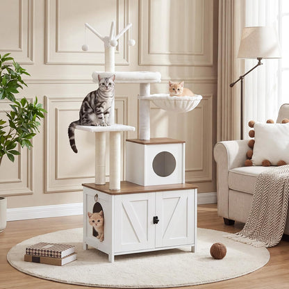 Multi-Level Cat Tree with Hidden Litter Box Cabinet – Cozy Pet Furniture