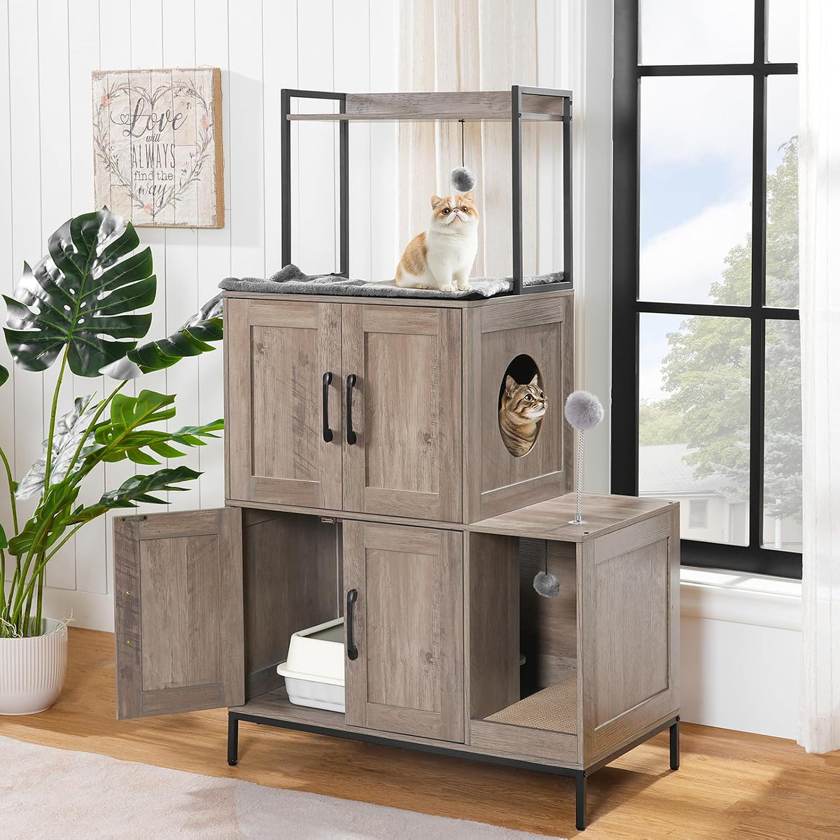 2-Tier Cat Litter Box Enclosure – Multi-Functional Cat House & Storage Cabinet