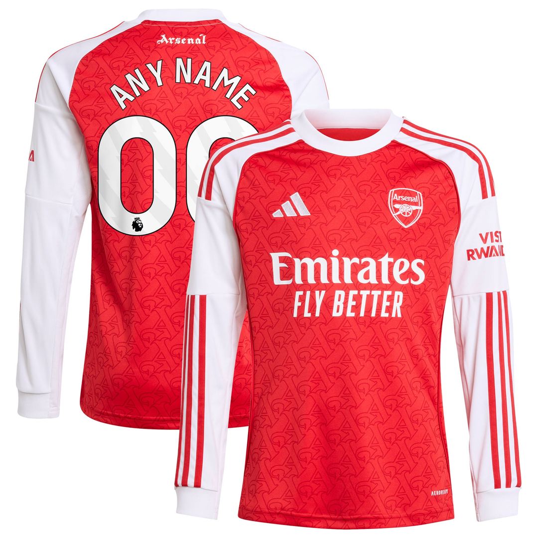 Arsenal adidas Youth 2025/26 Home Replica Long Sleeve Custom Jersey - Red