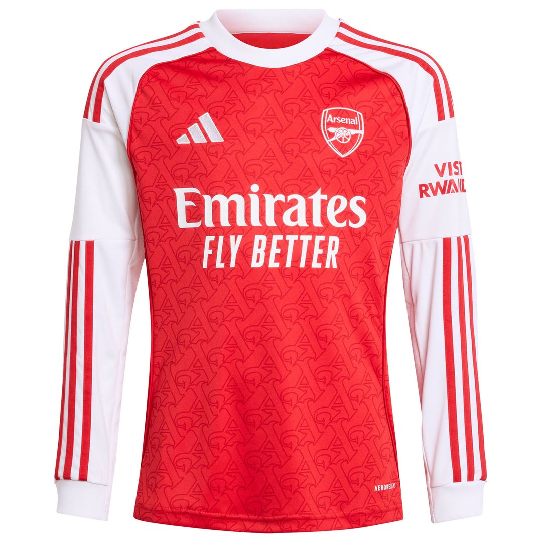 Arsenal adidas Youth 2025/26 Home Replica Long Sleeve Custom Jersey - Red