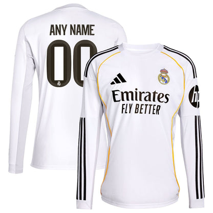 Real Madrid adidas 2025/26 Home Replica Long Sleeve Custom Jersey - White