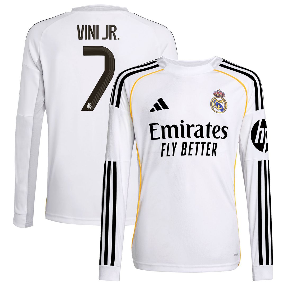 Vini Jr. Real Madrid adidas Youth 2025/26 Home Replica Long Sleeve Jersey - White