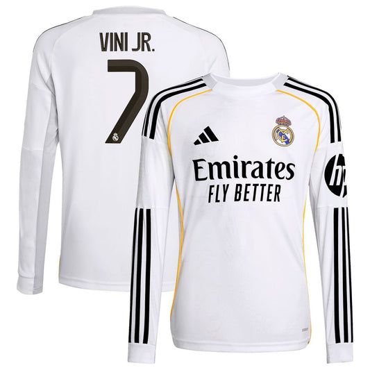 Vini Jr. Real Madrid adidas Youth 2025/26 Home Replica Long Sleeve Jersey - White
