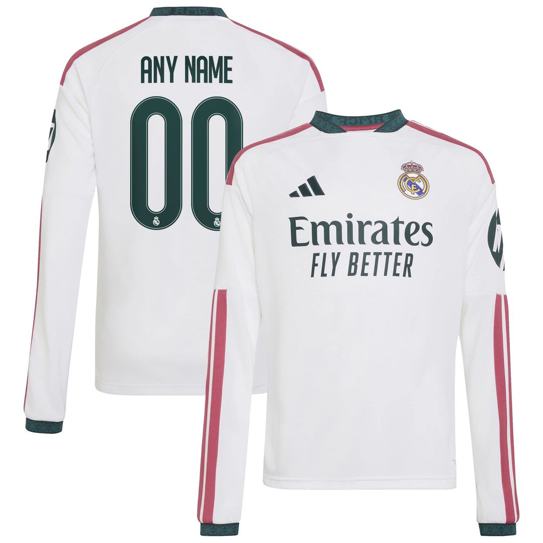 Real Madrid adidas Youth 2026/27 Home Replica Custom Long Sleeve Jersey - White