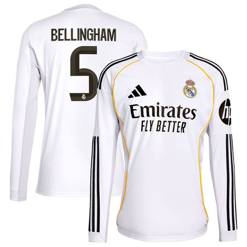Jude Bellingham Real Madrid adidas 2025/26 Home Replica Long Sleeve Jersey - White